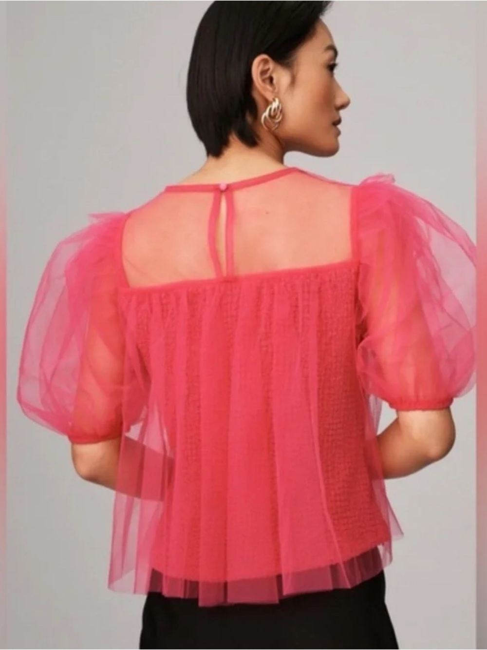 Anthropologie Sheer Magenta Puff Sleeve Top Small - Picture 5 of 10